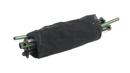 Compact camping tent poles in black mesh carry bag, ideal for outdoor adventures and caravanning gear.
