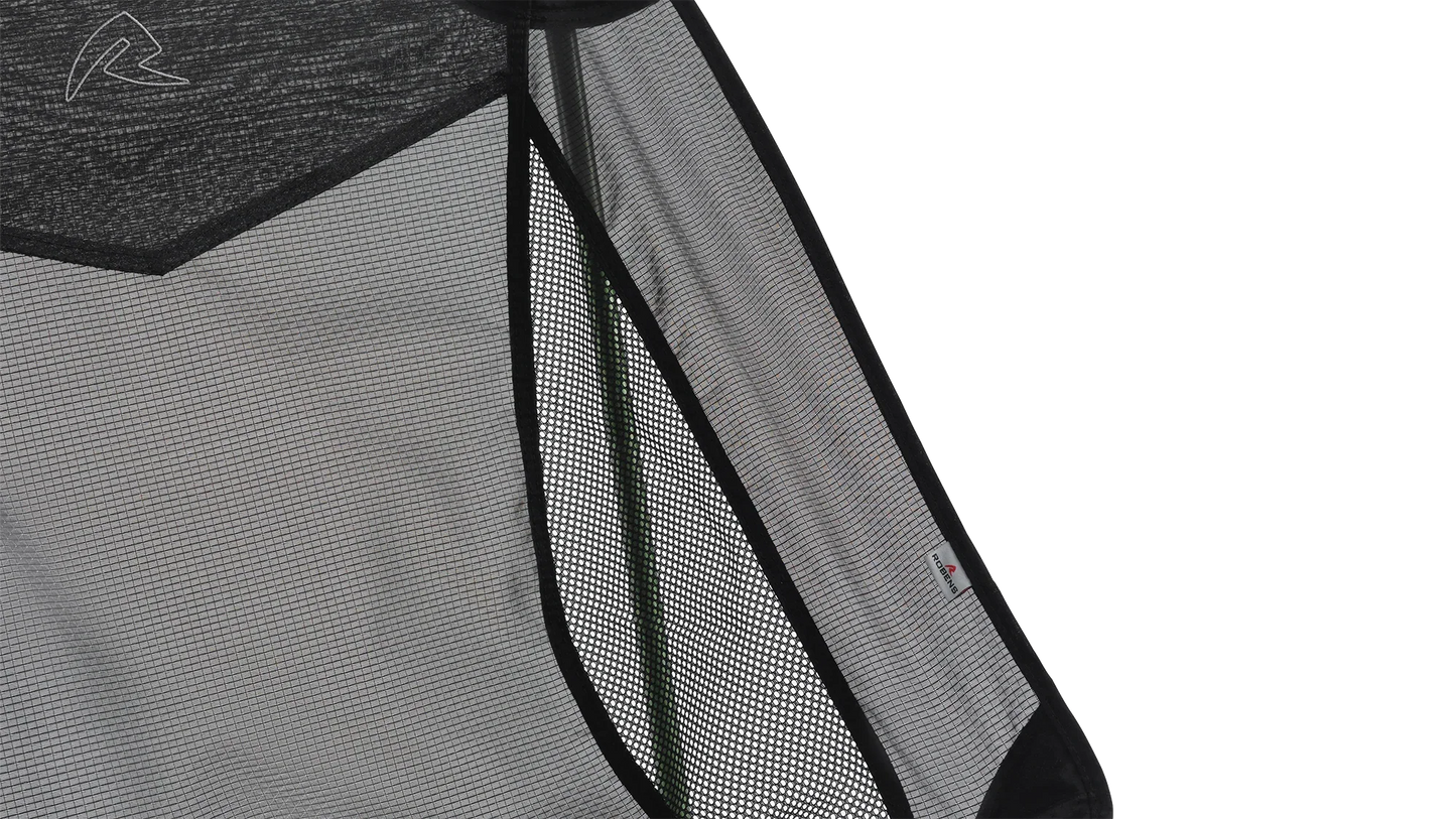 Black mesh camping tent panel with Rodens logo, ideal for outdoor adventures and ventilation