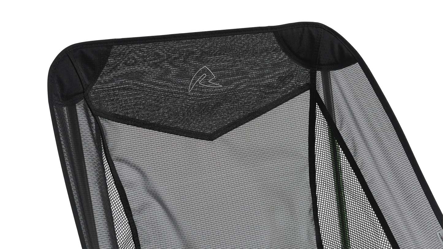 Black mesh camping chair back with logo, ideal for outdoor adventures and caravanning