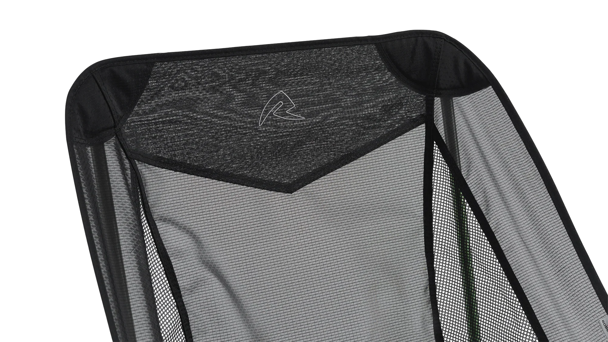 Black mesh camping chair back with logo, ideal for outdoor adventures and caravanning