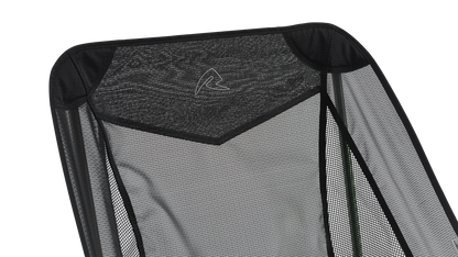 Black mesh camping chair back with logo, ideal for outdoor adventures and caravanning