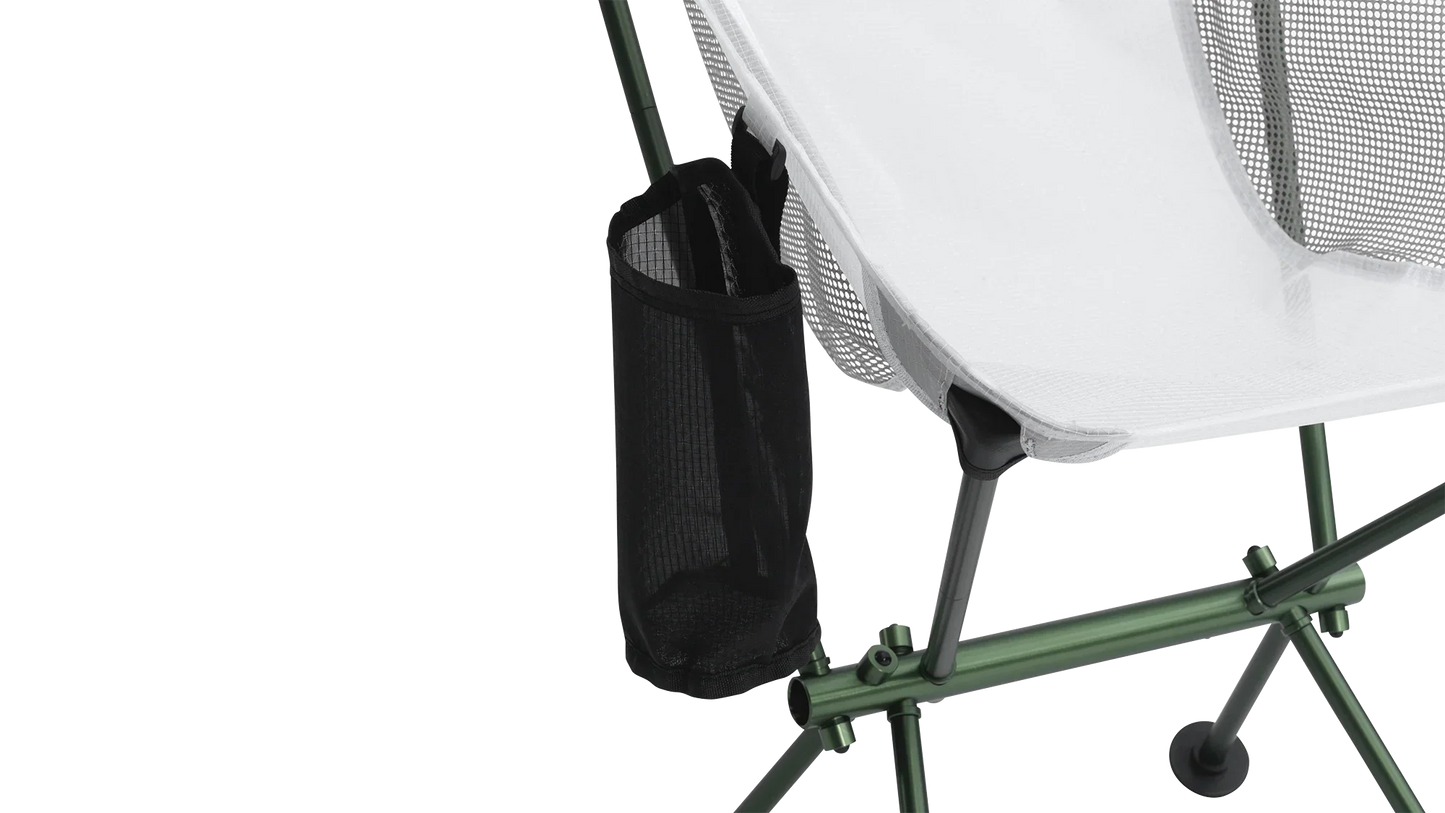 Portable camping chair with mesh side pocket and green frame