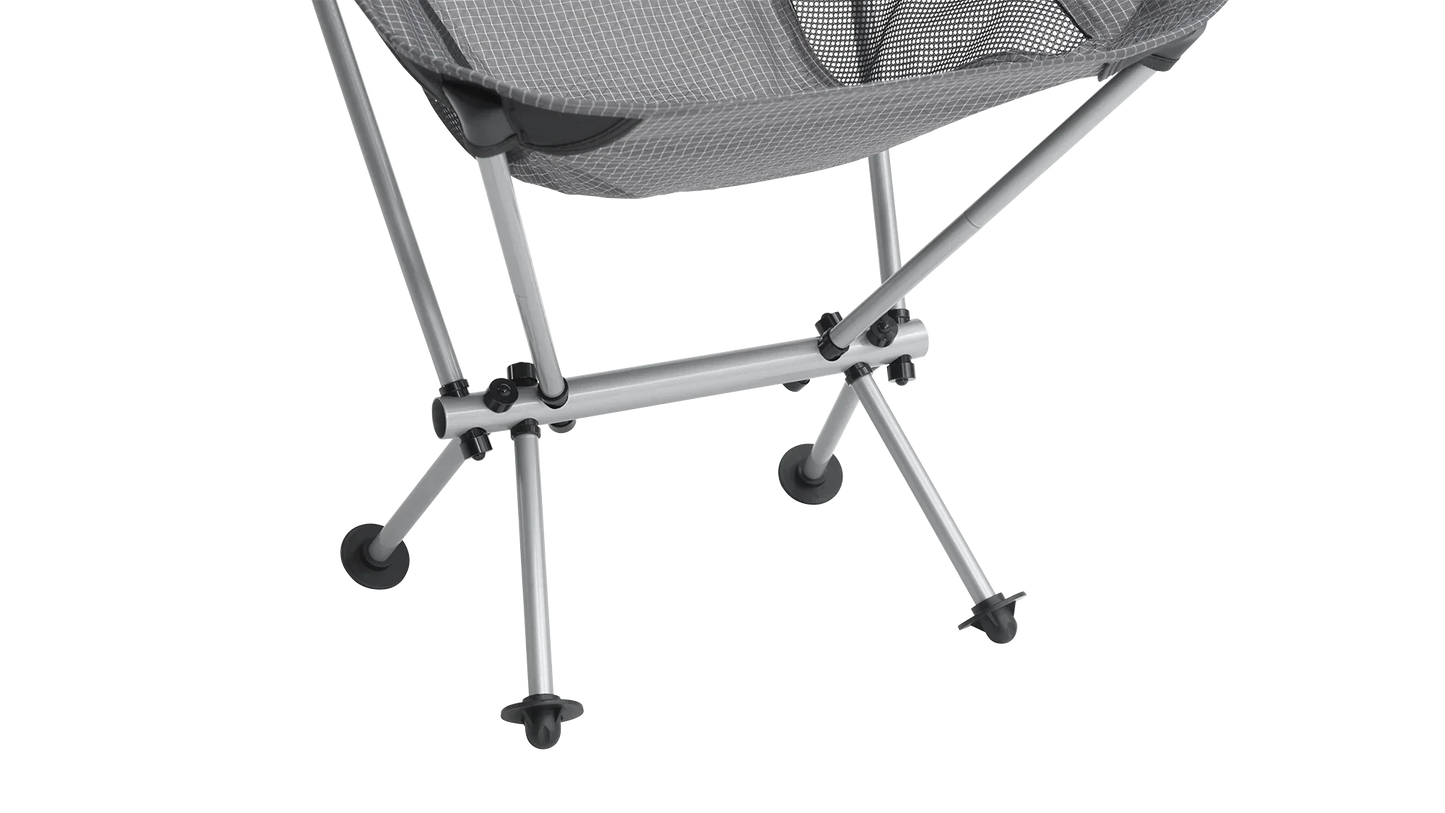 Grey mesh camping chair with silver metal frame and black feet, ideal for outdoor adventures and caravanning.