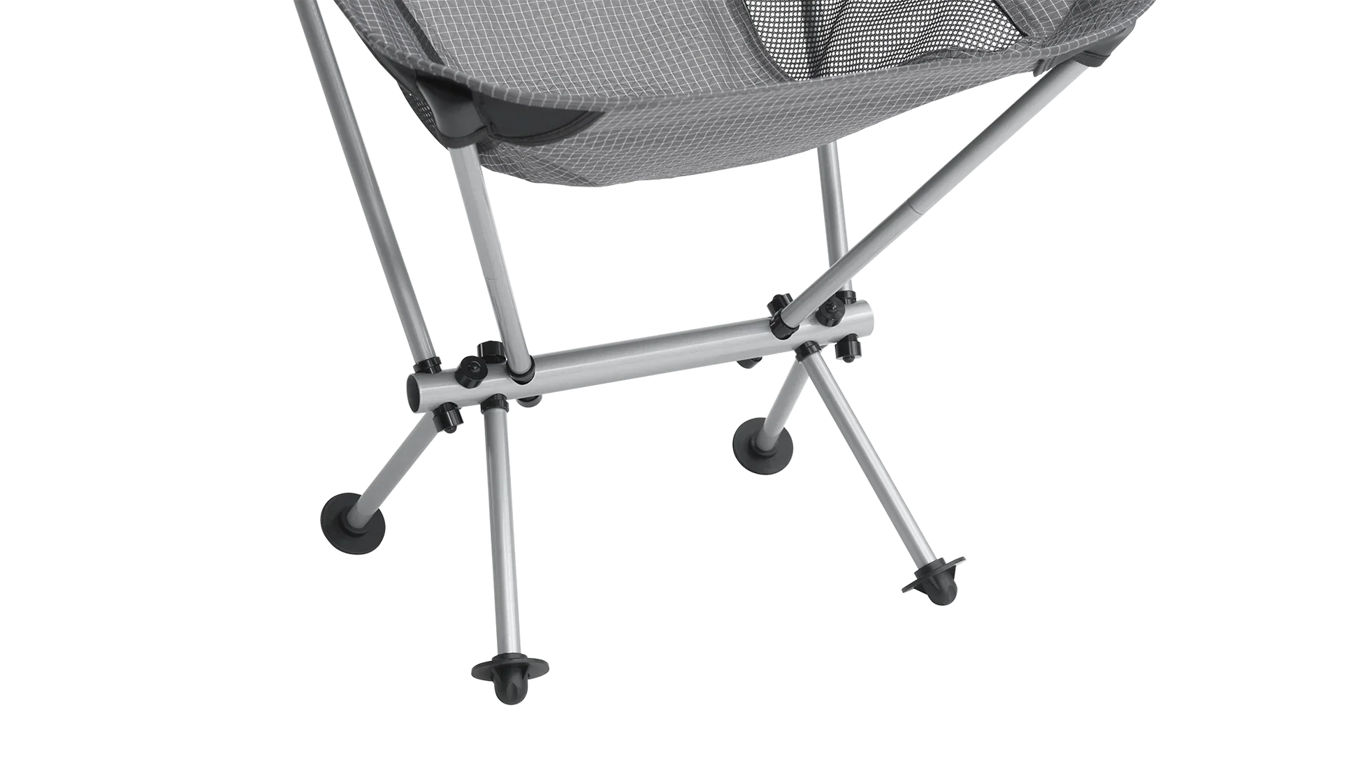 Grey mesh camping chair with silver metal frame and black feet, ideal for outdoor adventures and caravanning.