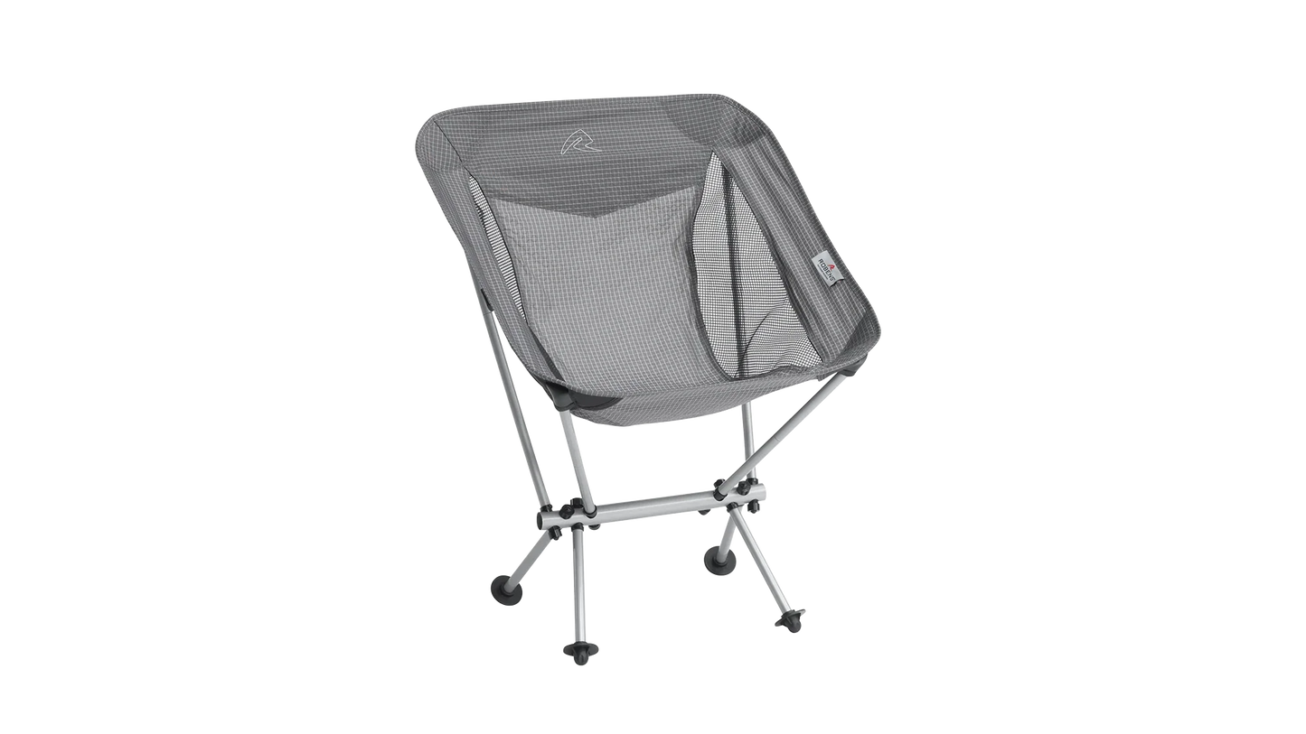 Grey portable camping chair with mesh back, ideal for outdoor adventures and caravanning trips.