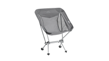 Grey portable camping chair with mesh back, ideal for outdoor adventures and caravanning trips.