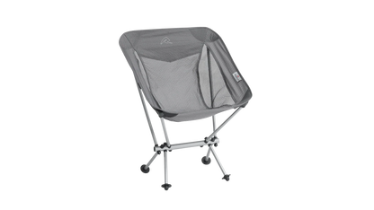 Grey portable camping chair with mesh back, ideal for outdoor adventures and caravanning trips.