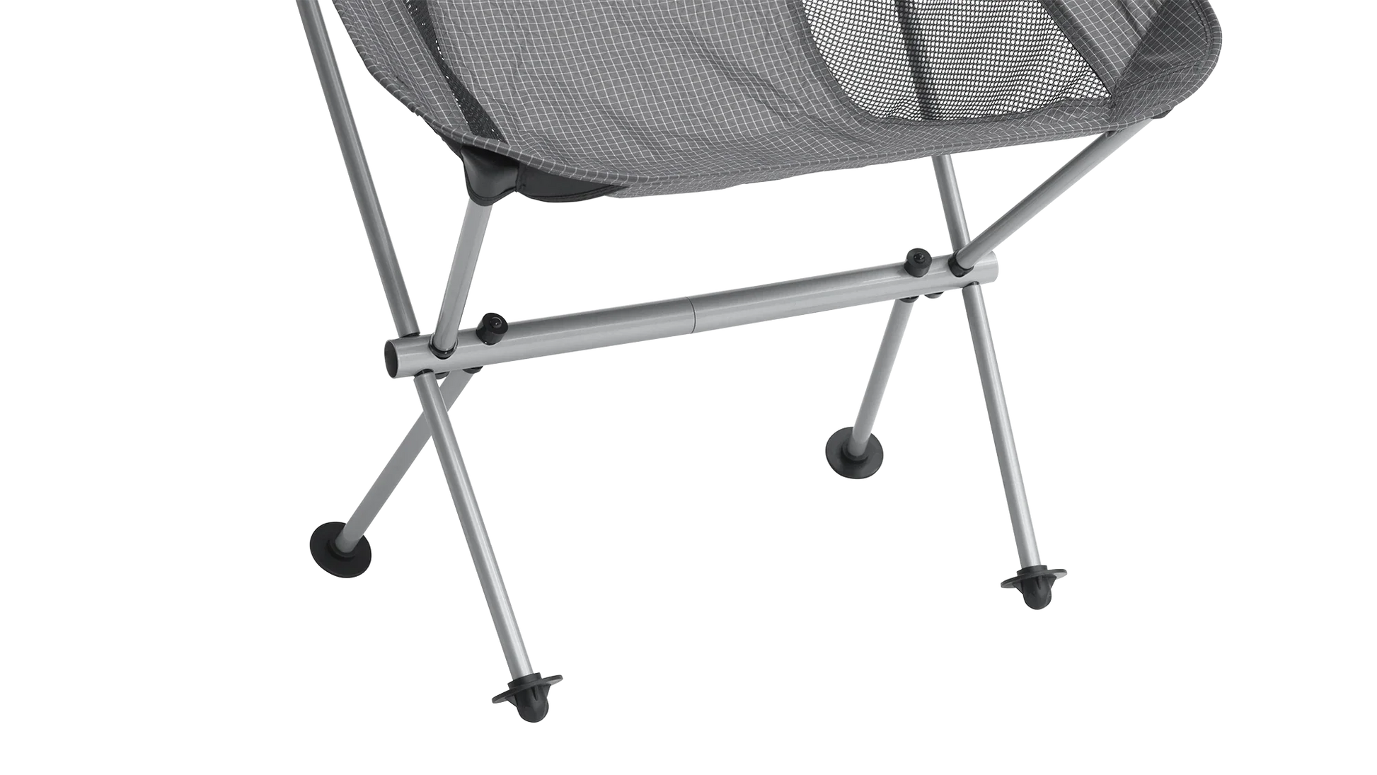 Grey mesh camping chair with silver frame and black feet, ideal for outdoor adventures and caravanning trips.