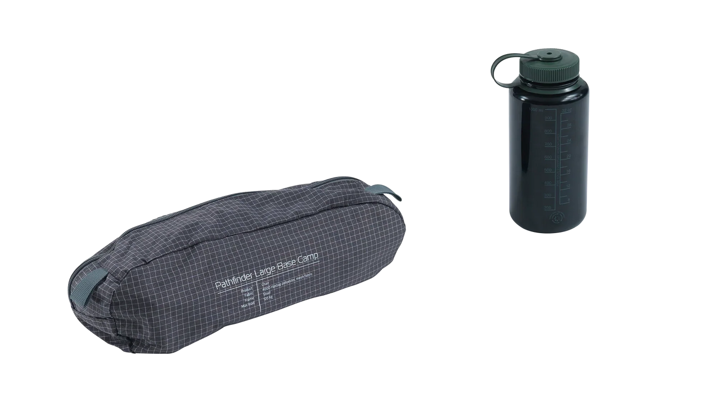 Pathfinder Large Base Camp gear bag and green water bottle for outdoor adventures