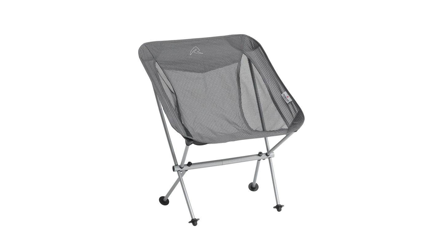 Gray mesh camping chair with metal frame for outdoor adventures