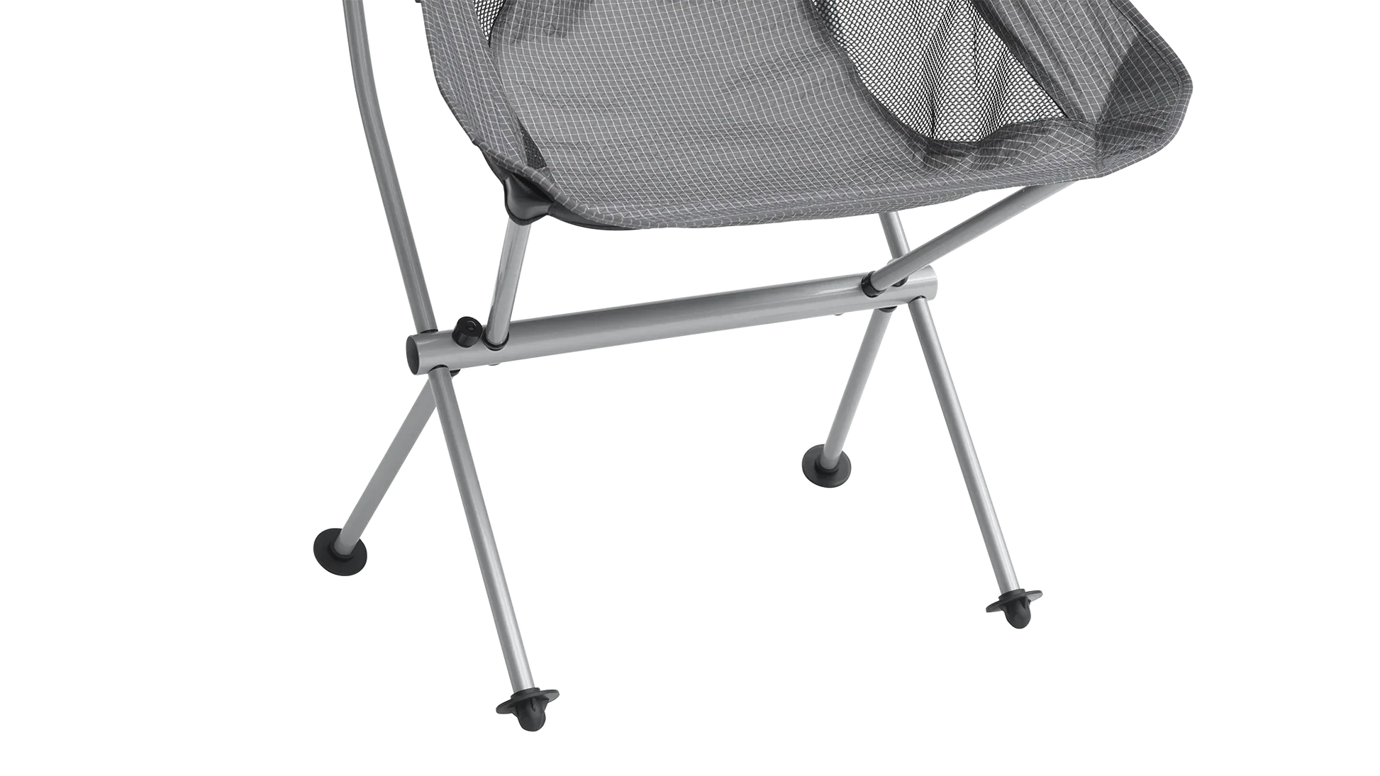 Grey mesh camping chair with silver frame and black feet, ideal for outdoor adventures and caravanning trips.