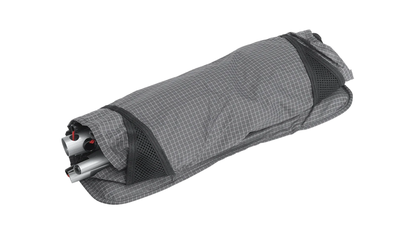 Compact camping chair with aluminum frame in gray carry bag, ideal for outdoor adventures and portable seating.