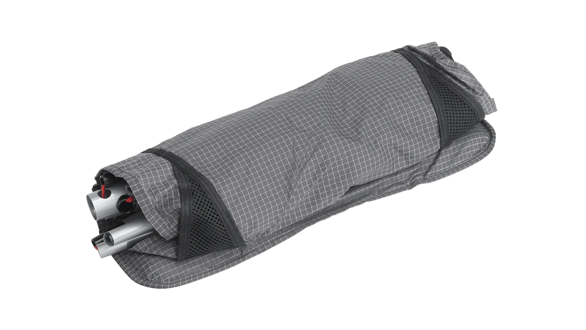Compact camping chair with aluminum frame in gray carry bag, ideal for outdoor adventures and portable seating.