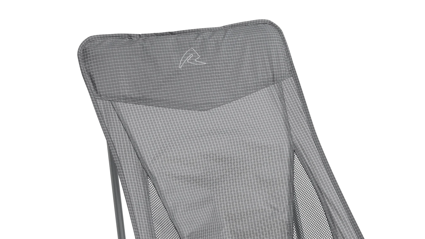 Grey portable camping chair with mesh sides and geometric pattern, ideal for outdoor adventures and caravanning.