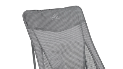 Grey portable camping chair with mesh sides and geometric pattern, ideal for outdoor adventures and caravanning.