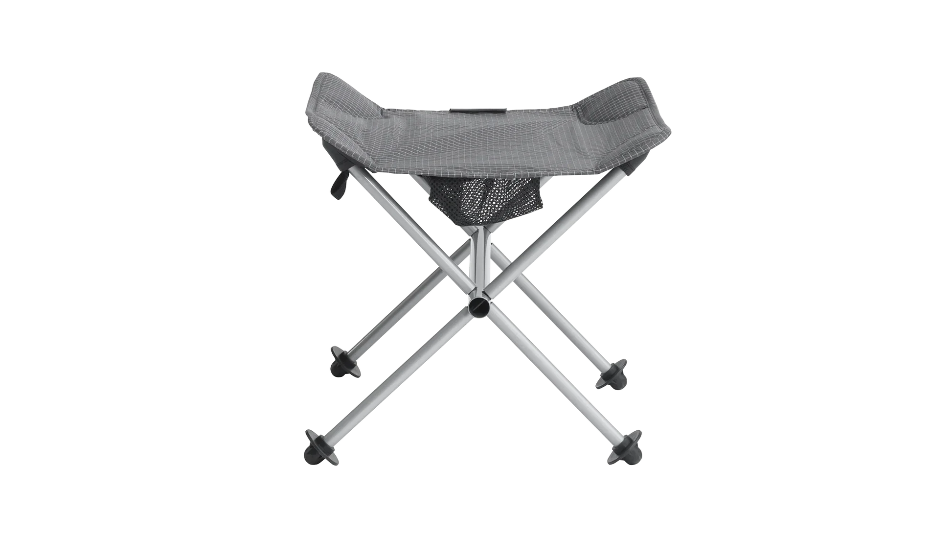 Portable camping stool with mesh seat and storage pouch, ideal for outdoor adventures and caravanning.