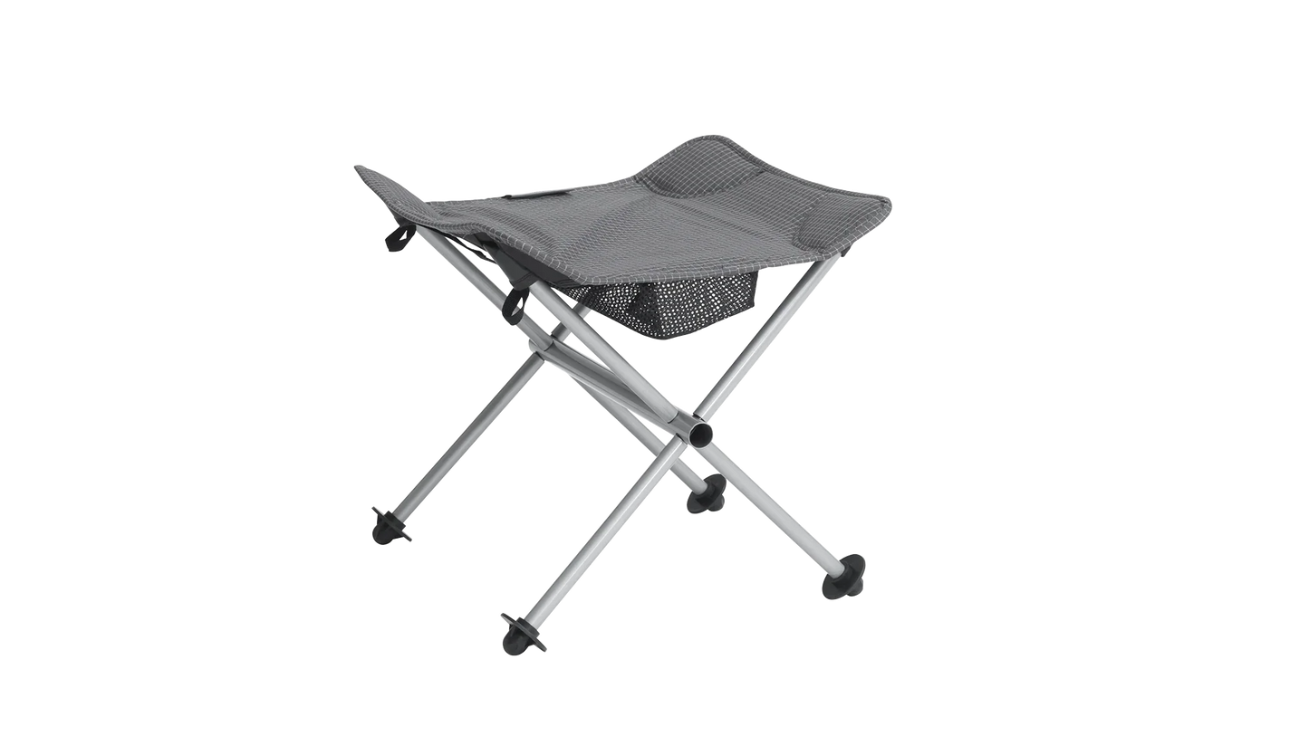 Portable folding camping chair with mesh seat and storage pouch, ideal for outdoor adventures and caravanning.