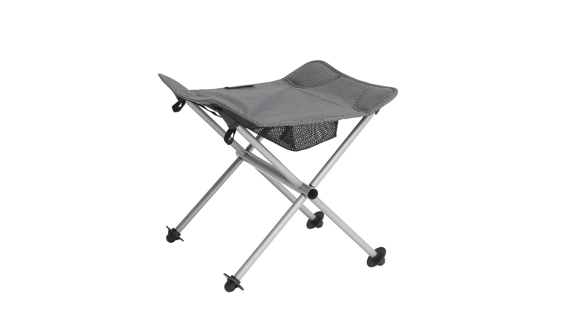 Portable folding camping chair with mesh seat and storage pouch, ideal for outdoor adventures and caravanning.