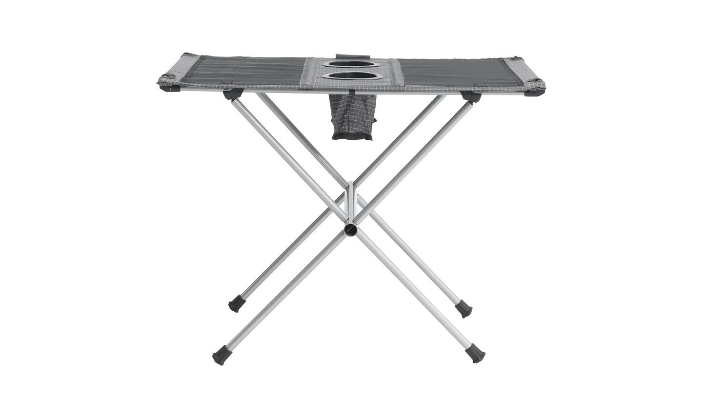 Portable camping table with cup holders and storage pouch, ideal for outdoor adventures and picnics.