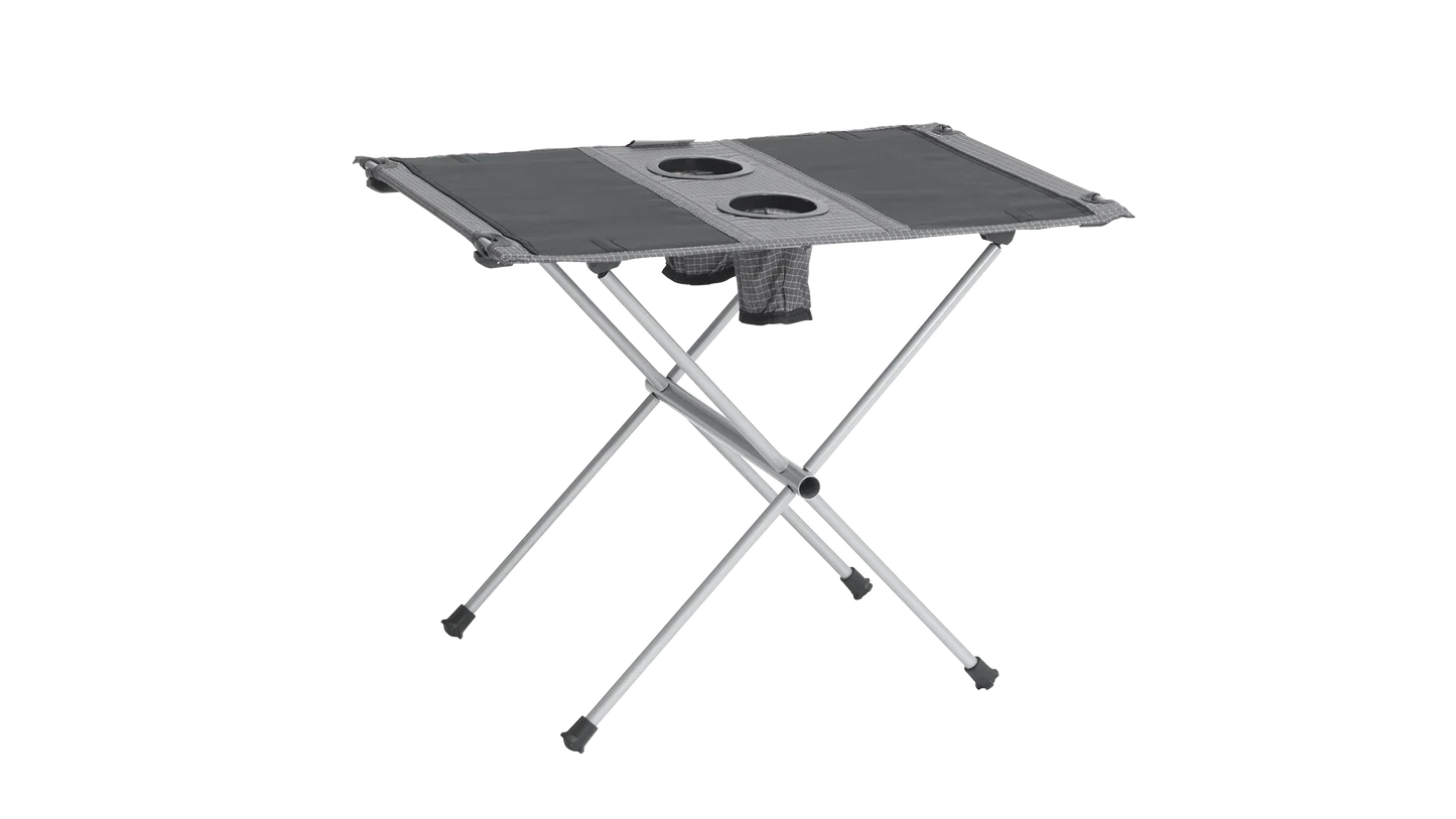 Portable camping table with cup holders and storage pouch, ideal for outdoor adventures and picnics.