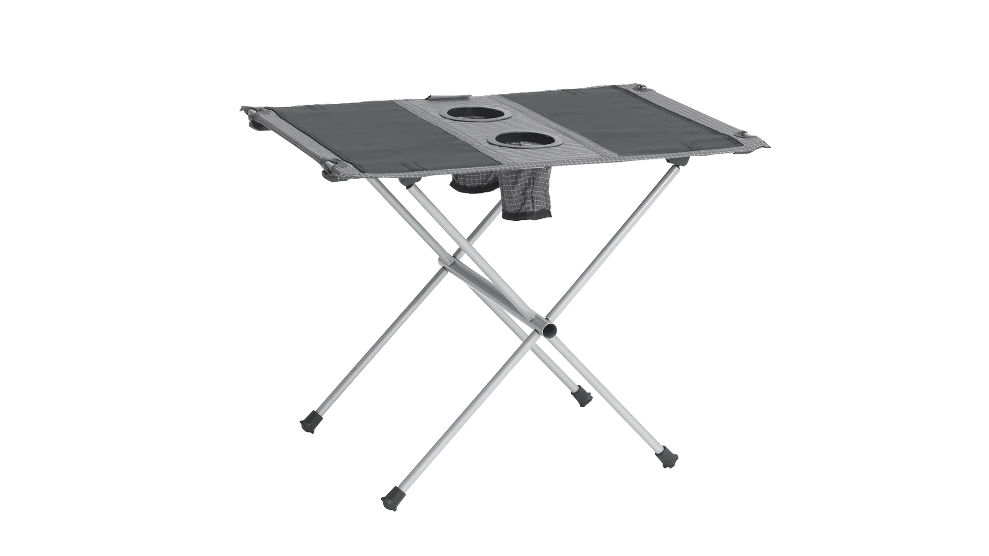 Portable camping table with cup holders and storage pouch, ideal for outdoor adventures and picnics.