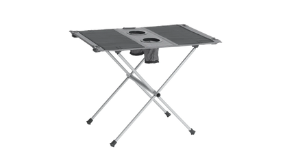 Portable camping table with cup holders and storage pouch, ideal for outdoor adventures and picnics.