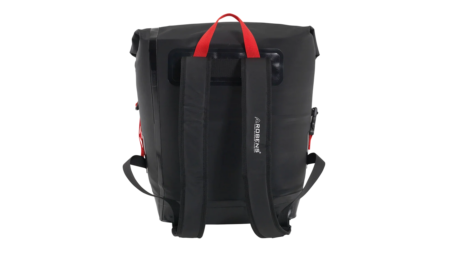 Black waterproof backpack with red handle, ideal for camping and outdoor adventures
