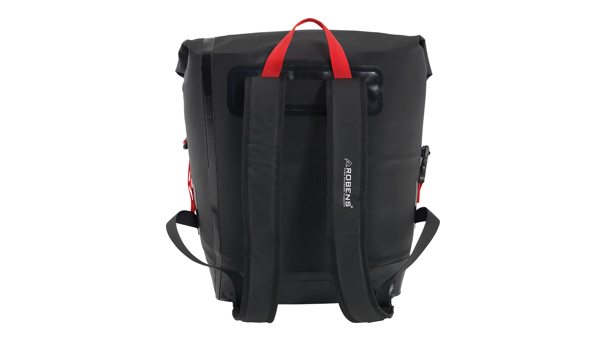 Black waterproof backpack with red handle, ideal for camping and outdoor adventures