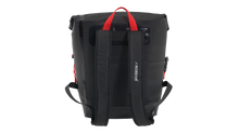 Black waterproof backpack with red handle, ideal for camping and outdoor adventures