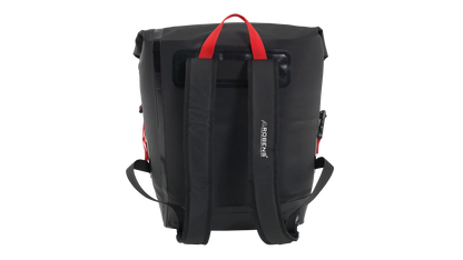 Black waterproof backpack with red handle, ideal for camping and outdoor adventures