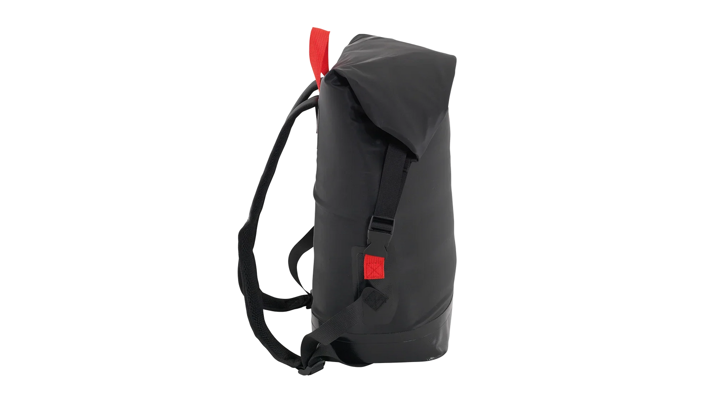 Black waterproof backpack with red accents for camping and outdoor adventures