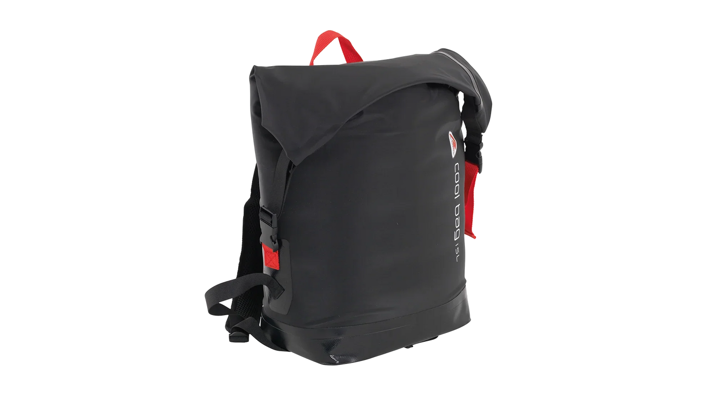 Black waterproof backpack with red accents for camping and outdoor adventures