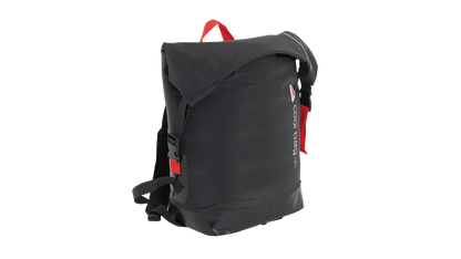 Black waterproof backpack with red accents for camping and outdoor adventures