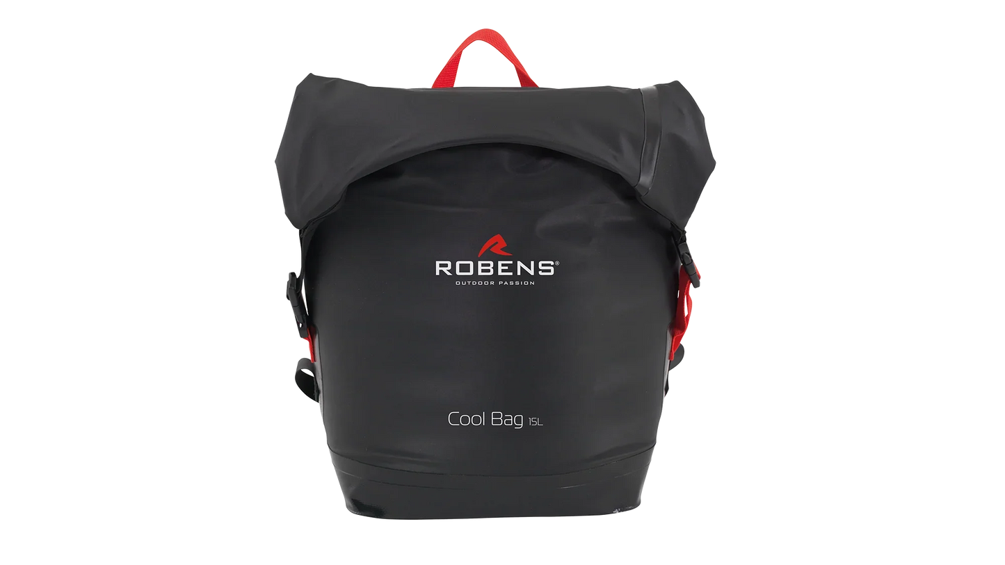 Robens Cool Bag 15L black waterproof outdoor cooler with red accents for camping and adventures