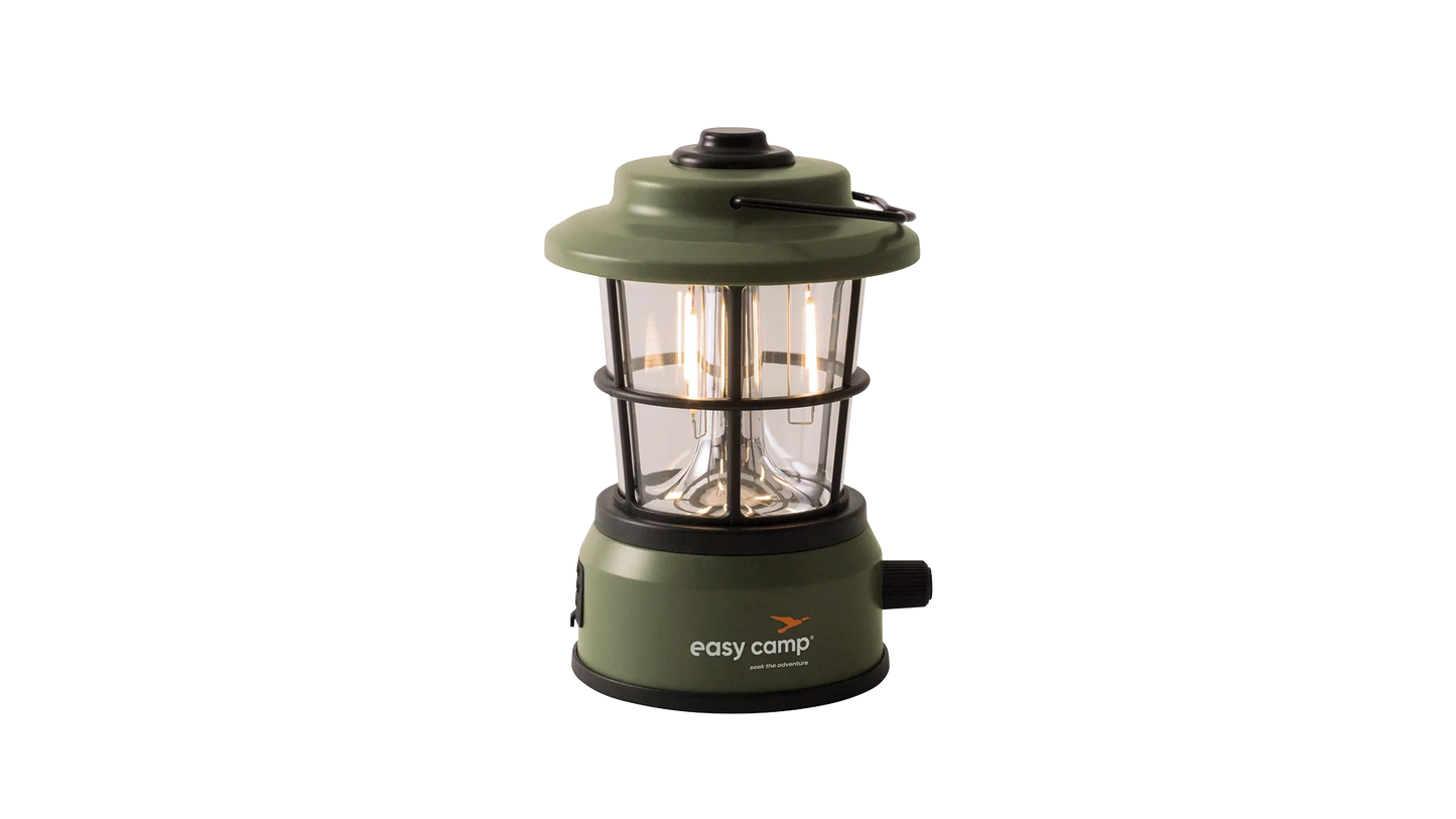 Easy Camp LED camping lantern with vintage filament bulbs, perfect for outdoor adventures and caravanning