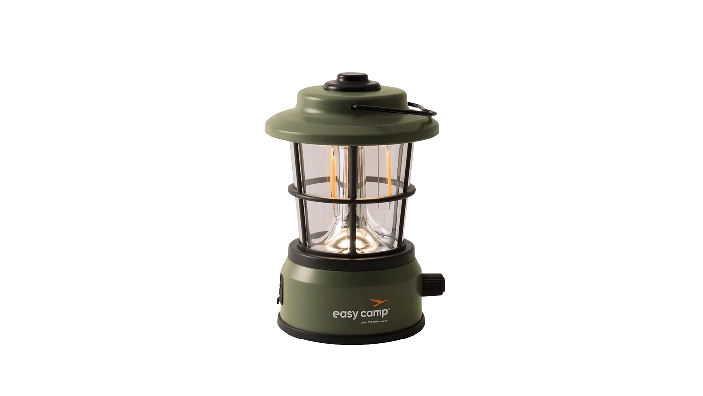 Easy Camp LED camping lantern with warm filament bulbs, perfect for outdoor adventures and caravanning trips.