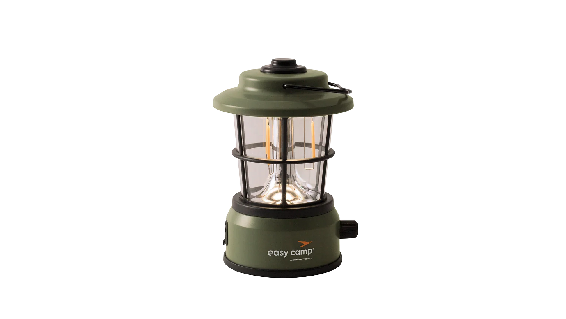 Easy Camp LED camping lantern with warm filament bulbs, perfect for outdoor adventures and caravanning trips.