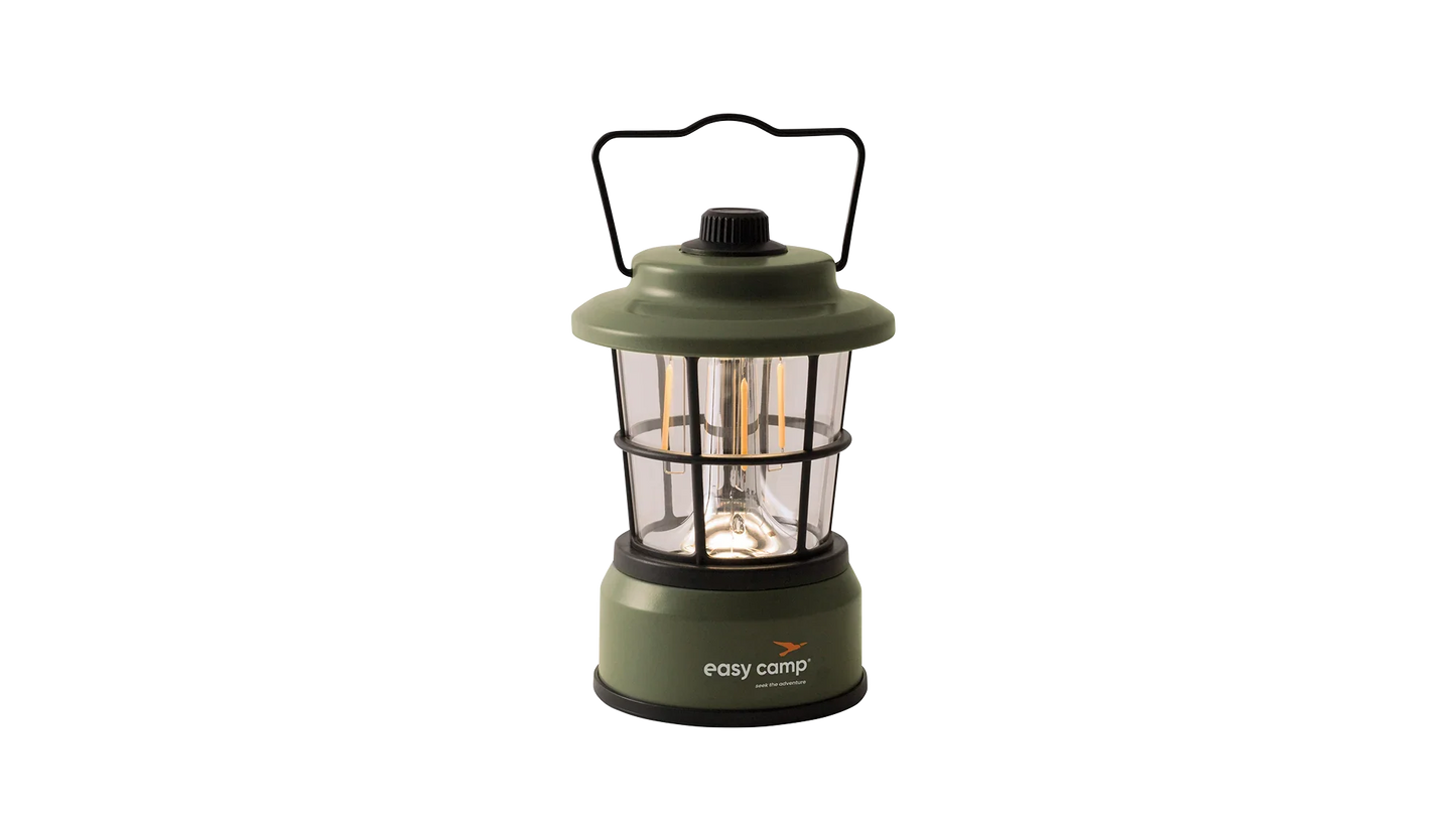 Green Easy Camp lantern with LED filament bulbs for camping and outdoor adventures