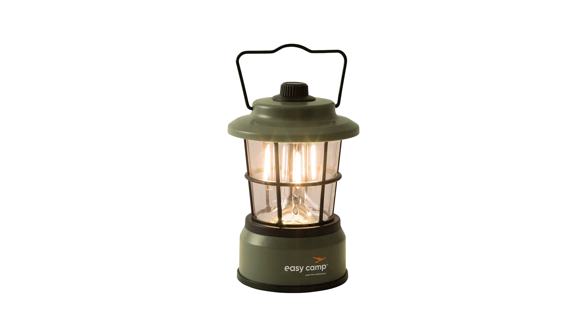 Green Easy Camp lantern with warm glow, ideal for camping and outdoor adventures.