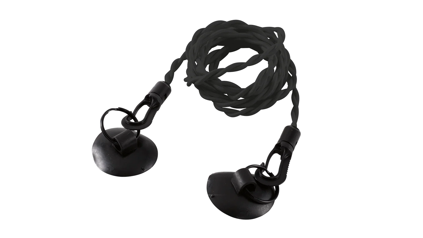 Black suction cup tie-down straps for camping and outdoor gear securement