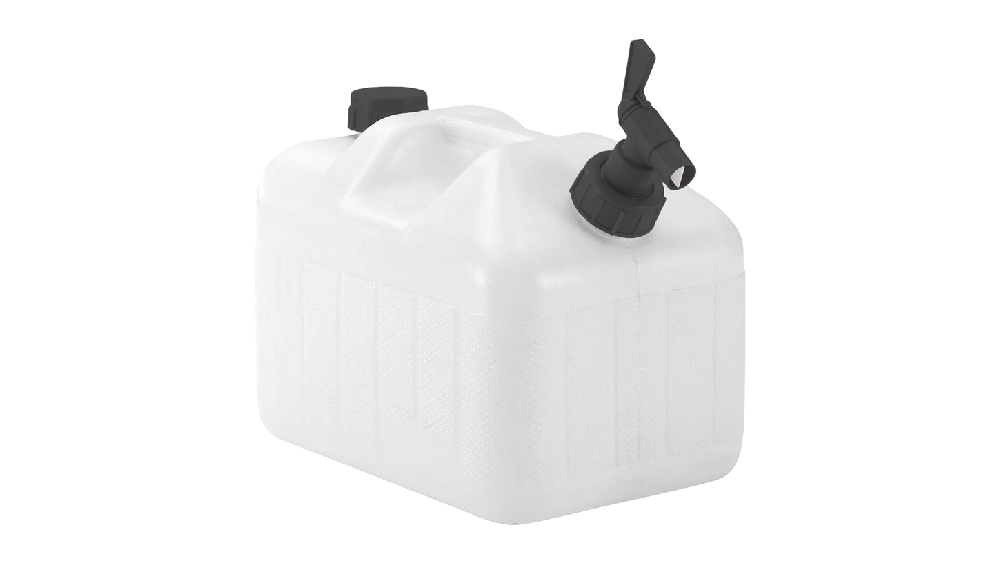 White plastic water container with black spout and cap for camping and outdoor use