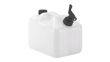 White plastic water container with black spout and cap for camping and outdoor use