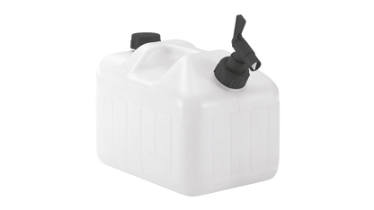 White plastic water container with black spout and cap for camping and outdoor use