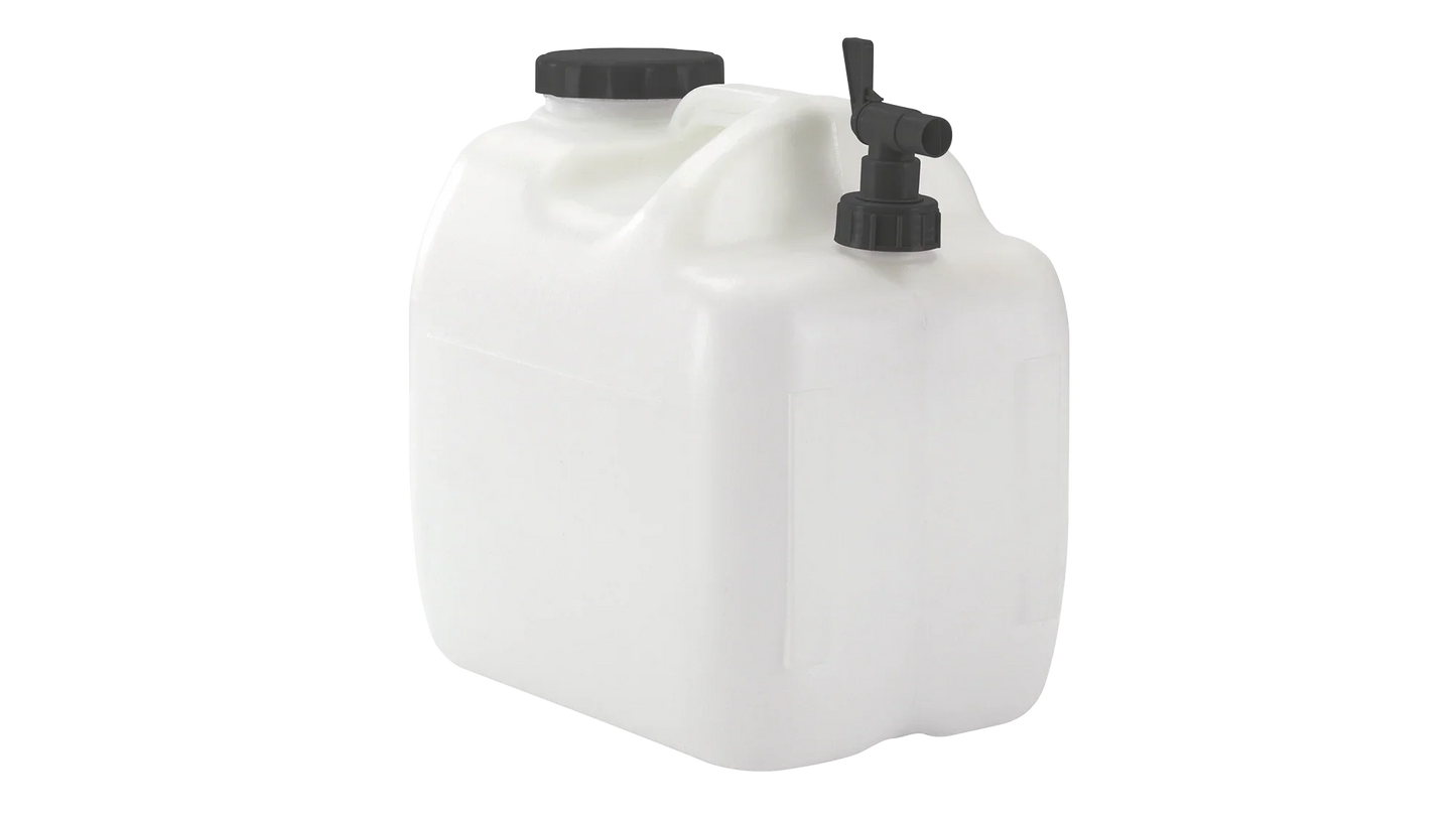 White plastic water container with black spigot for camping and outdoor use