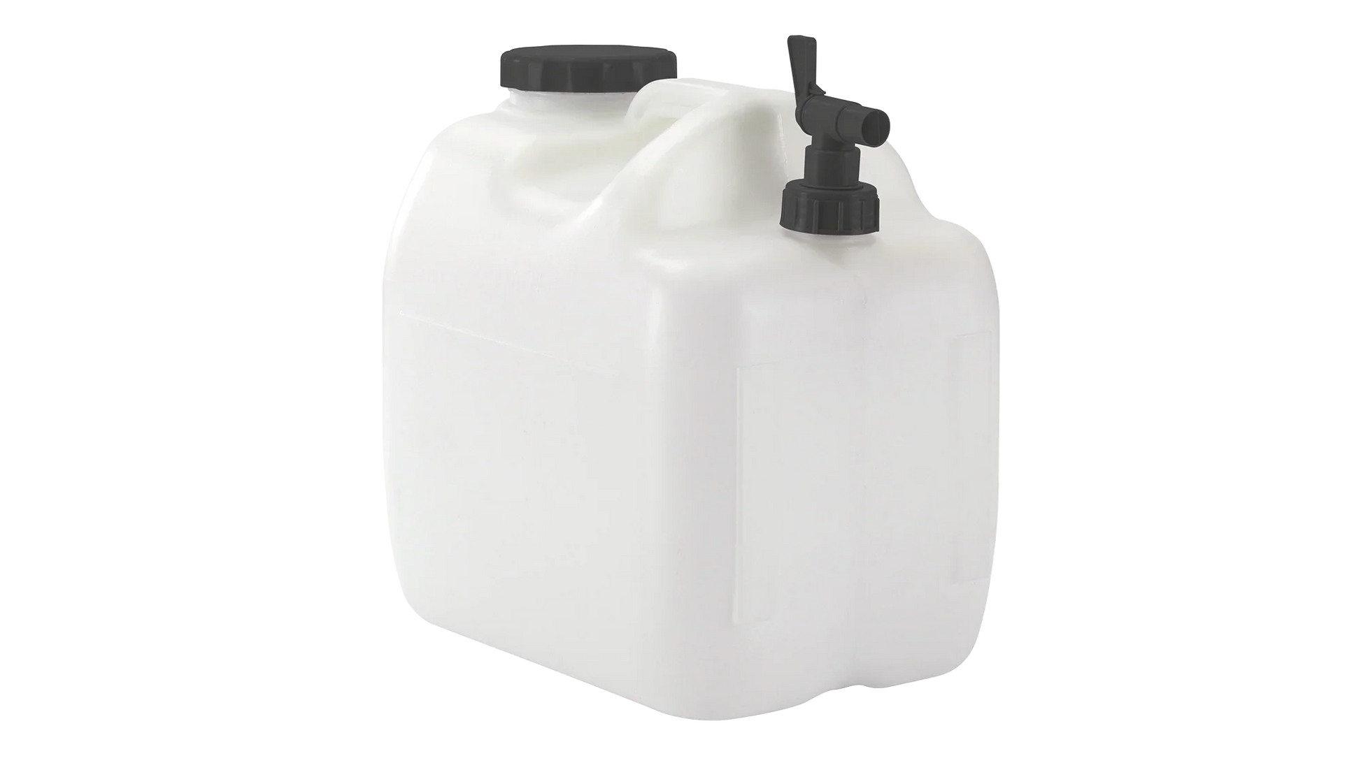 White plastic water container with black spigot for camping and outdoor use