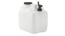 White plastic water container with black spigot for camping and outdoor use