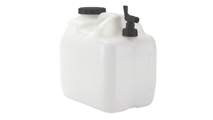 White plastic water container with black spigot for camping and outdoor use