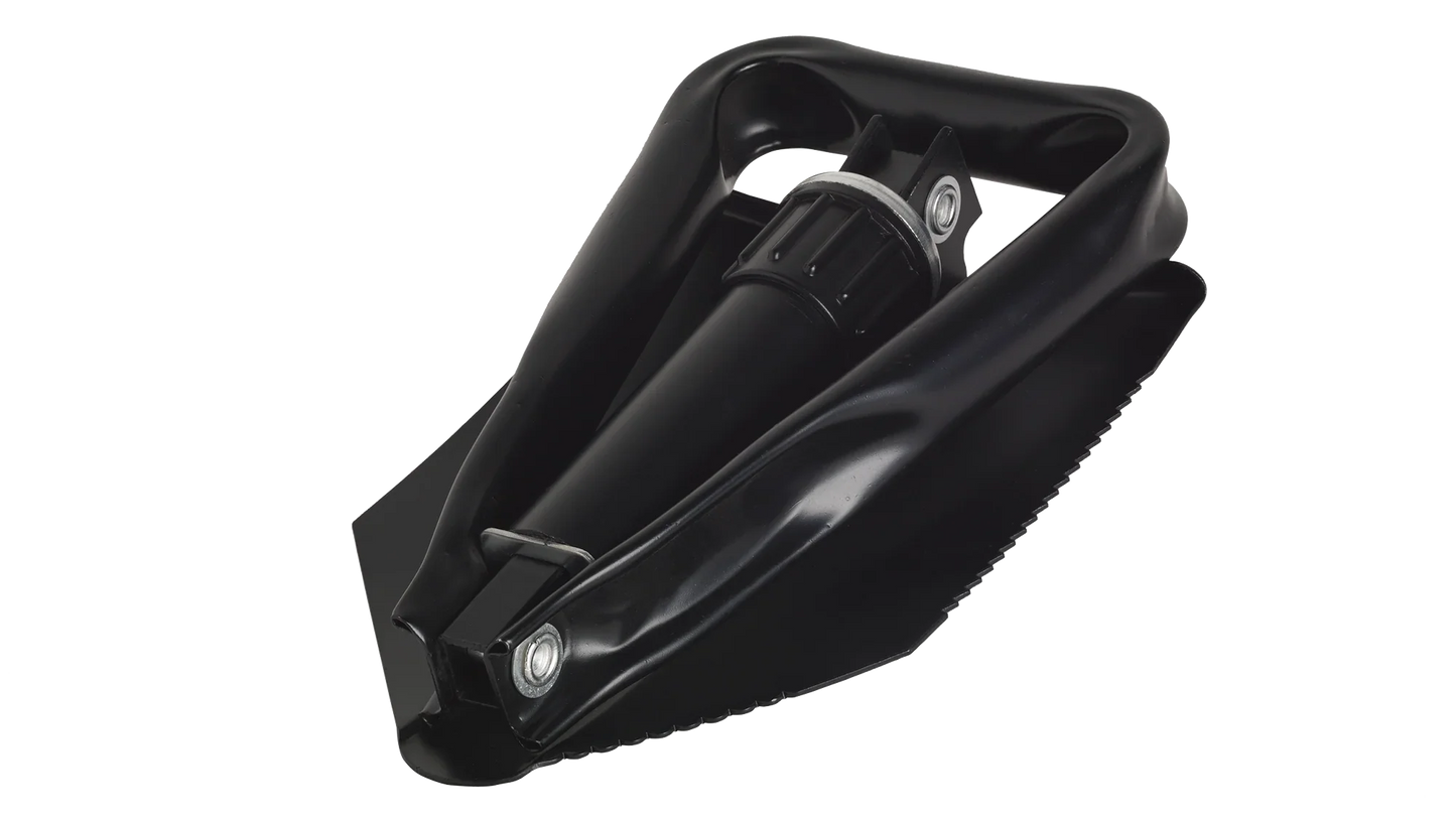 Black folding camping shovel for outdoor adventures and camping gear