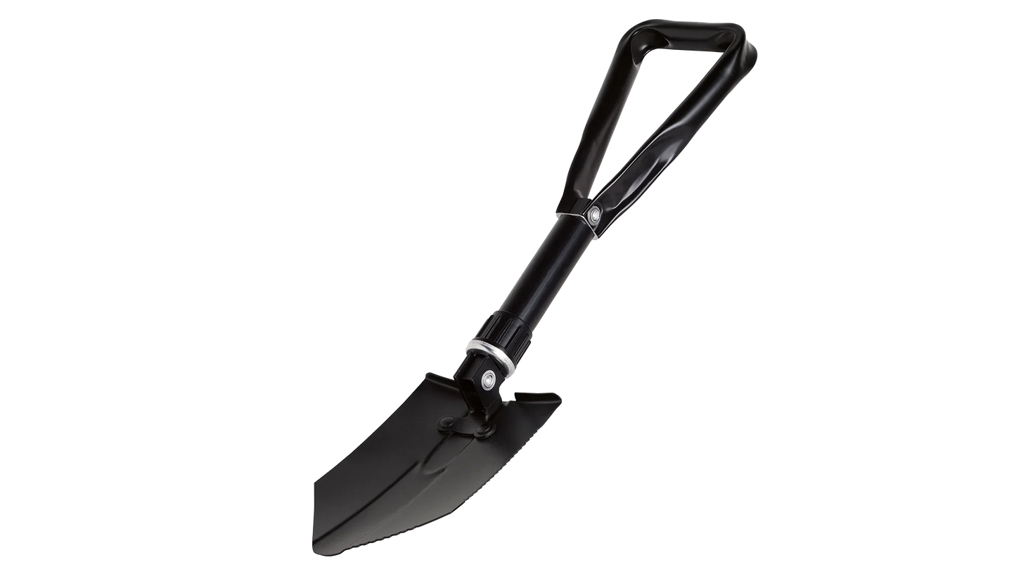 Compact black folding shovel for camping and outdoor adventures