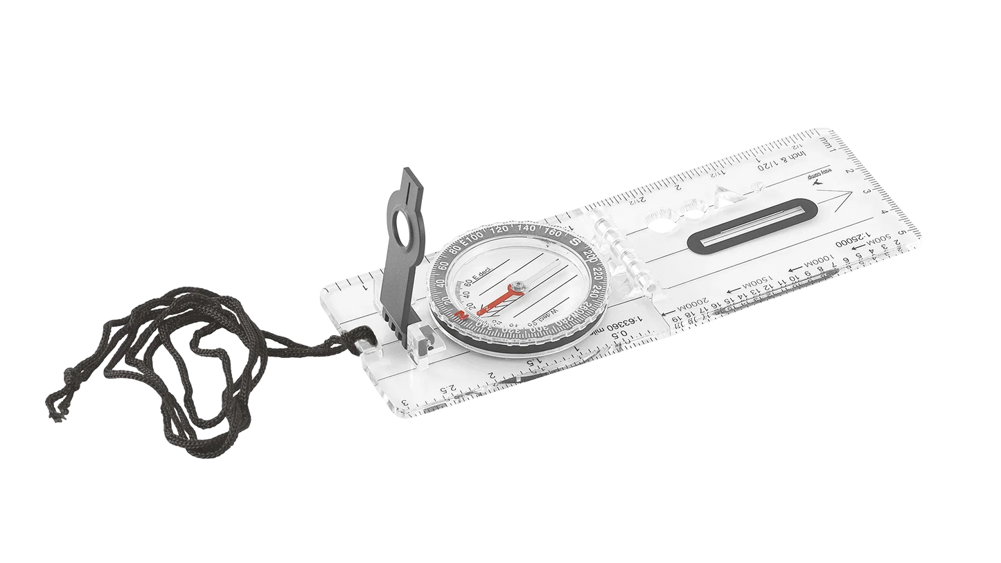 Clear baseplate compass with ruler for hiking and outdoor navigation, ideal for camping and adventure gear.